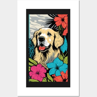 Golden Retriever Dog Vibrant Tropical Flower Tall Retro Vintage Digital Pop Art Portrait 2 Posters and Art